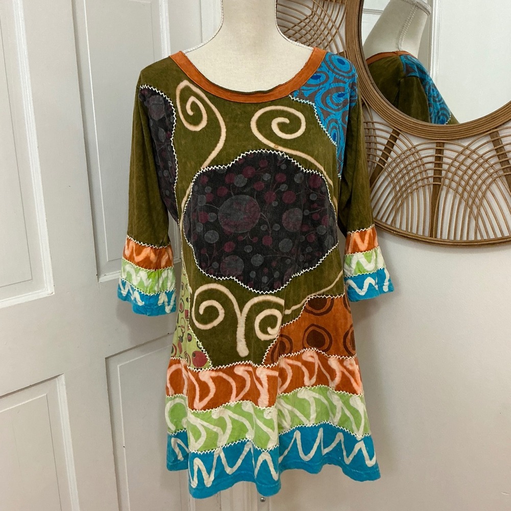 Rising International Patchwork Tunic Dress XL Cotton Boho Hippie Artsy Festival